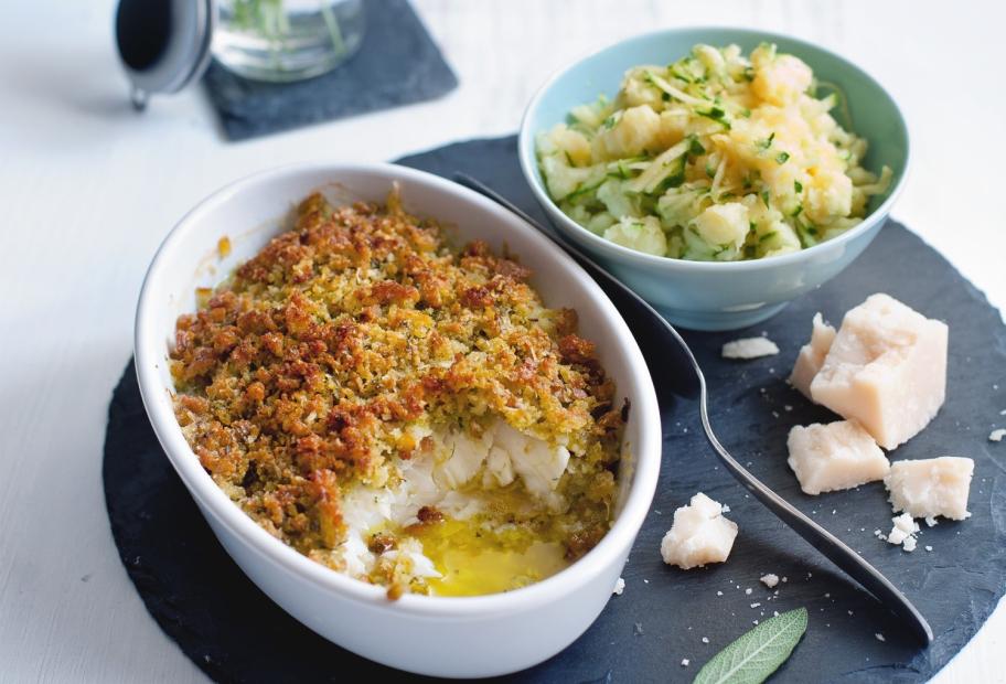 Kabeljau mit Kräuter-Parmesankruste und Zucchini-Stampfkartoffeln ...