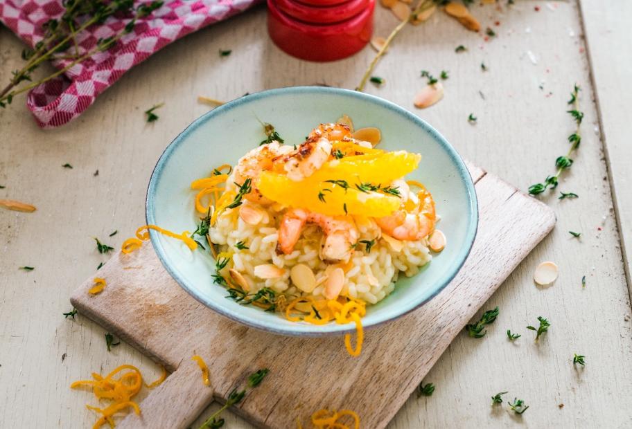 Thymian-Orangen-Risotto mit Garnelen und Mandeln | Simply-Cookit