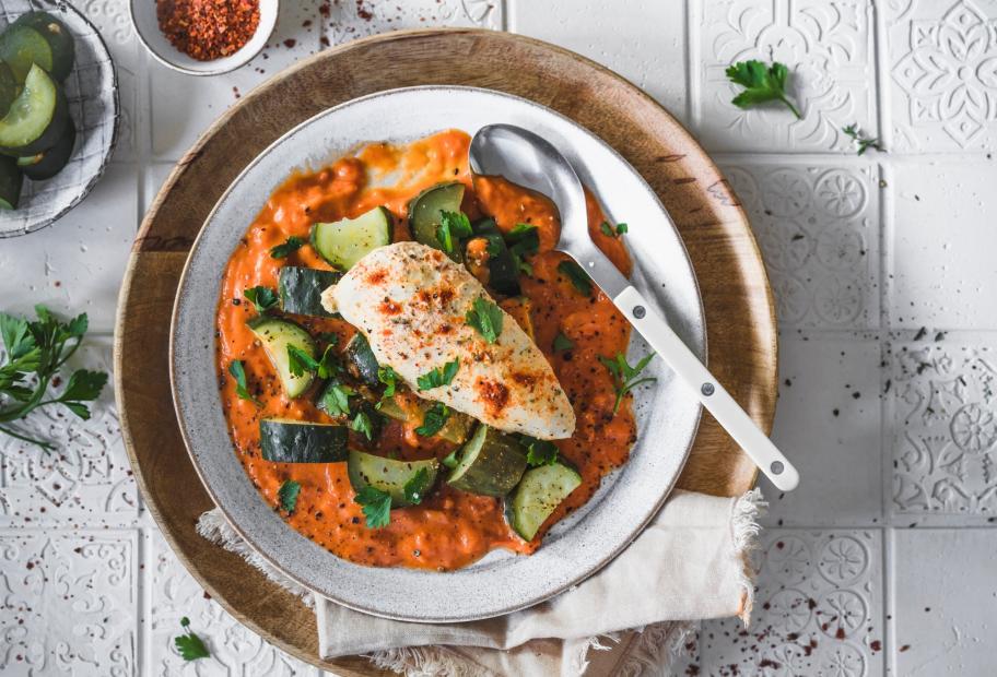 Schmorgurke mit mariniertem Hähnchen und Tomatensauce | Simply-Cookit