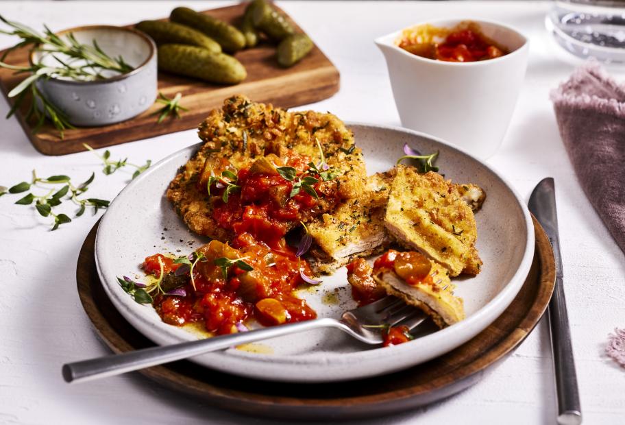 Ungarische Sauce mit kleinen Schnitzeln in Kräuter-Panade | Simply-Cookit