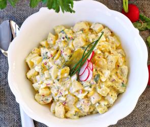 Klassischer Kartoffelsalat mit Radieschen und Ei auf einem Teller.