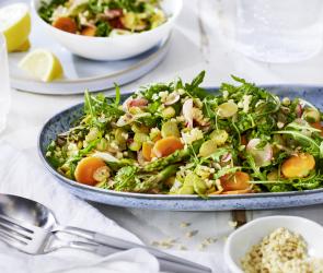 Ein leichter lauwarmer Spargelsalat mit Rucola und Vinaigrette.