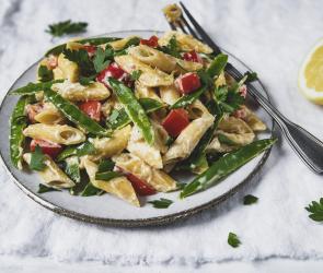 Penne mit Zuckerschoten und Paprika mit cremiiger Sauce auf Teller.