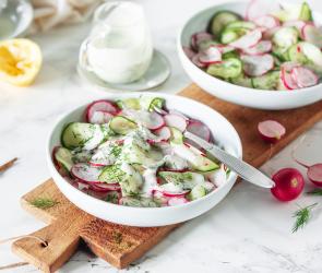 Gurkensalat mit Radieschen und Joghurtdressing.