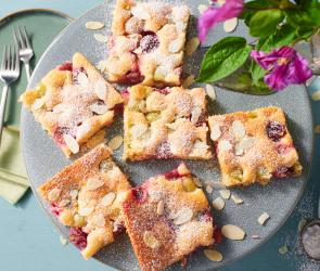 Blechkuchen mit Stachelbeeren in Stücke geschnitten.