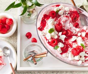 Himbeertraum Baiser Dessert in einer Glasschale.