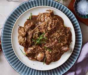Gänsekeule gezupt mit dunkler Sauce auf einem Teller.