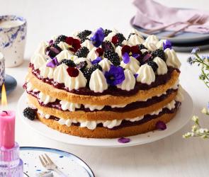 Brombeer-Biskuit-Torte hübsch dekoriert.
