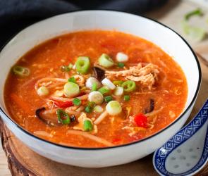 Pekingsuppe mit Hähnchen in einer Schüssel mit Lauchzwiebeln garniert.