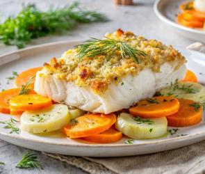 Kabeljau mit Meerrettichkruste auf Möhren-Kohlrabi-Gemüse