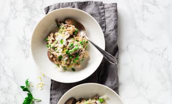 Cremiges Risotto mit Ricotta, Pilzen und Erbsen auf zwei Tellern