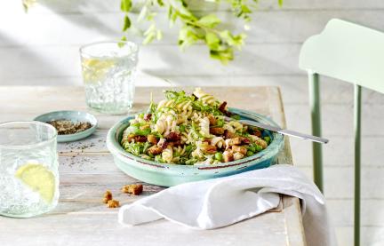 Veganer Nudelsalat mit Tomaten-Brot-Crunch