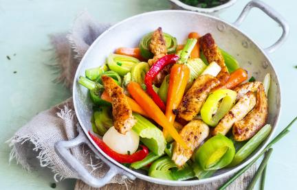 Gemüse mit gebratenen Hähnchenstreifen