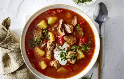 Eintopf angerichtet in einem hellen, tiefen Teller mit Löffel