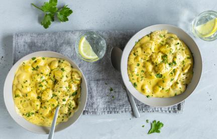 Teller mit Gnocchi in Käsesauce