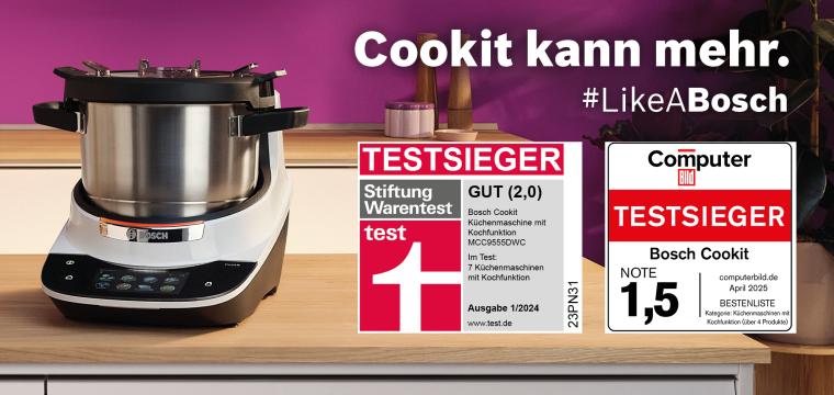 Cookit auf einer Arbeitsfläche mit dem Testsieger Siegel von Stiftung Warentest und Computer Bild.