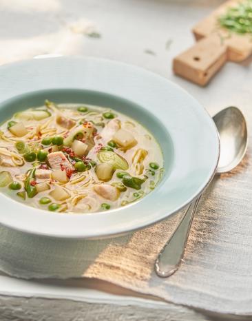 Geflügelbouillon mit Frühlingsgemüse und Nudeln in einem Teller.