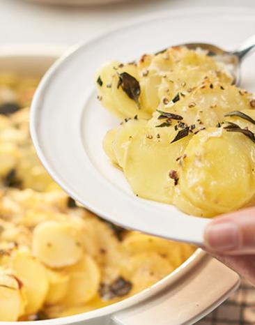 Kartoffelgratin mit Pecorino und Rosmarin wir aus Auflaufform auf Teller gegeben.