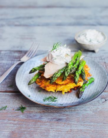 Kartoffelrösti mit Spargel und Räucher-Forelle