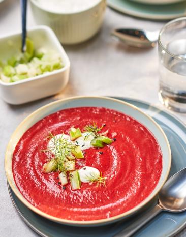 Rote-Bete-Suppe auf einem Teller angerichtet mit Gemüsetopping.