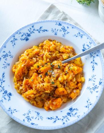 Süßkartoffeleintopf mit Speck und Sauerkraut