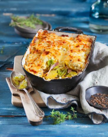 Wirsing-Kartoffel-Auflauf mit Kasseler in einer Auflaufform.