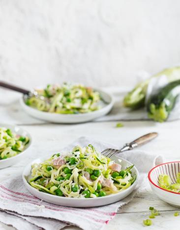 Zucchini-Spiralnudeln mit Schinken-Sahne-Soße