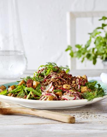 Veganer Berglinsen-Rucola-Salat mit Räuchertofu und Radieschen auf einem Teller.