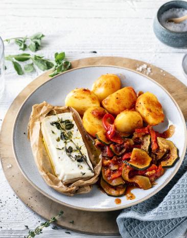 Fetapäckchen mit Kartoffeln und Gemüse auf einem Teller.