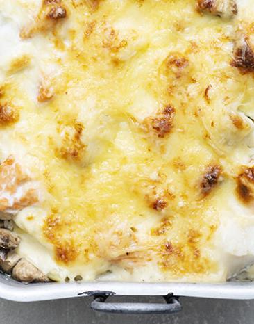 Kartoffel-Lachs-Gratin in einer Auflaufform.