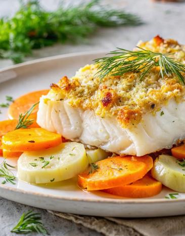 Kabeljau mit Meerrettichkruste auf Möhren-Kohlrabi-Gemüse