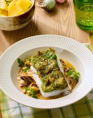 Kabeljau mit Kräuterkruste und Morchelrahm