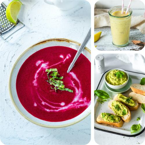 Kachelgrafik von frei Veganer Gerichten: Rote-Bete-Suppe, Zucchini-Aufstrich, Mango-Orangen-Shake