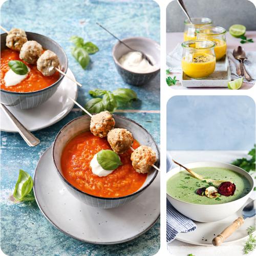 Ein rote, gelbe und grüne Suppe in einer Kachelgrafik.