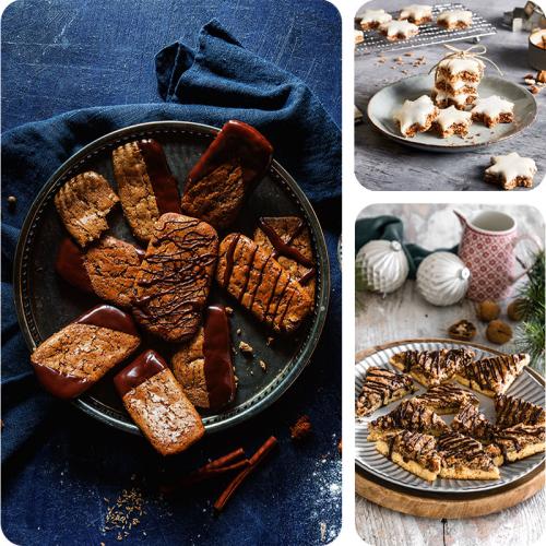 Printen, Zimtsterne und Nussecken in einer Kachelgraphik.