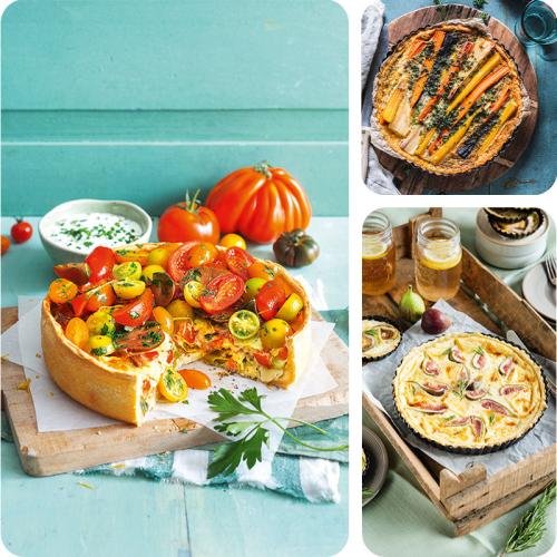 Quiche mit Tomaten, Wurzelgemüse und Feigen und Ziegenkäse auf einer Kachelgrafik.