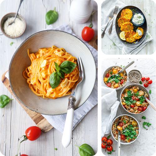 Schnelle Alltagsgerichte aus dem Cookit: Tomate-Mozzarella-Spaghetti, Gemüsesalat und -puffer. 