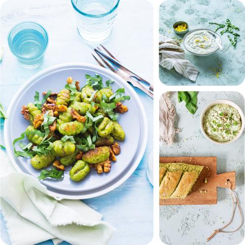Selbstgemachte Gnocchi, ein Baguette und eine Creme mit Bärlauch. 