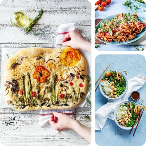 Drei Rezepte ohne Fleisch: Foccacia, Reisbandnudeln und Ratatouille-Penne.