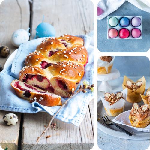 Süße Osterrezepte: gefüllter Hefezopf, Osterhasen-Muffins und gefärbte Eier.