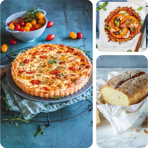 Glutenfrei Tomaten-Quiche, Low Carb Pizza und Kartoffelbrot auf drei Bildern