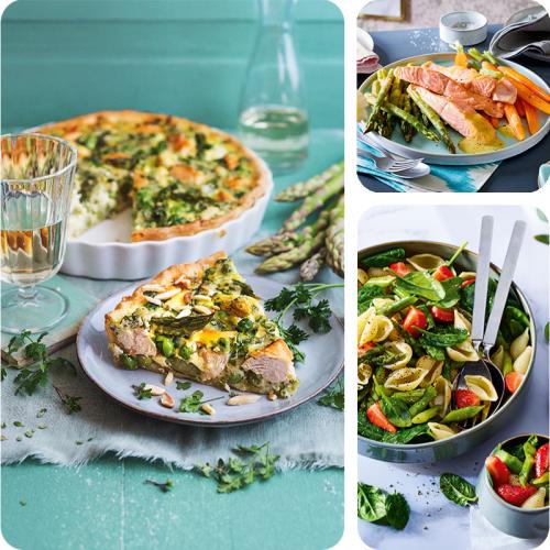 Quiche, Lachs und Salat mit grünem Spargel. 