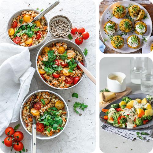 Gemüsemuffins, schneller Gemüsesalat und Kartoffeln mit Gemüse und Soße. 