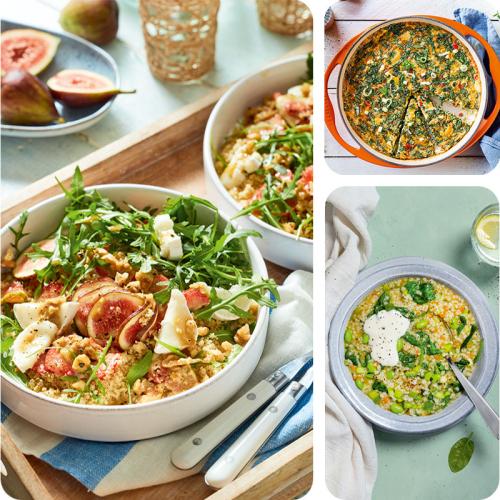 Couscoussalat, Frittata und Graupen in Tellern angerichtet.