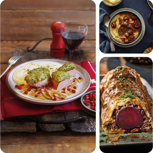 Beet Wellington, Pilzragout und Filet mit Kräuterkruste festlich angerichtet.