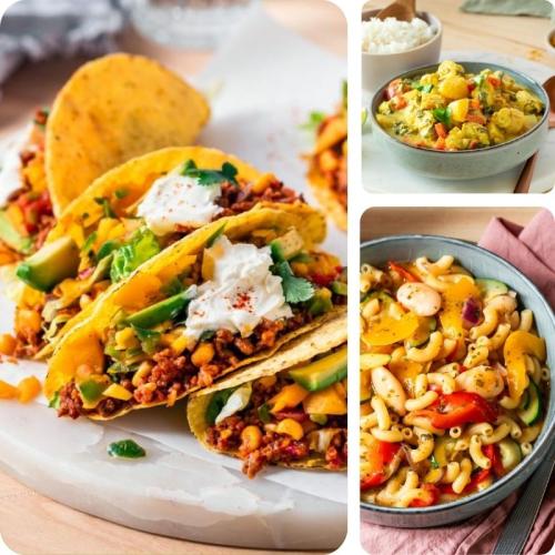 Würzige Rezepte auf drei Fotos, Tacos, One-Pot-Pasta und Mango-Curry