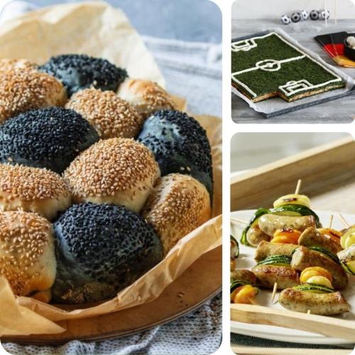 Fussball Fingerfood Brötchen im Fussballlook, Wurstspieße und Fussballfeld