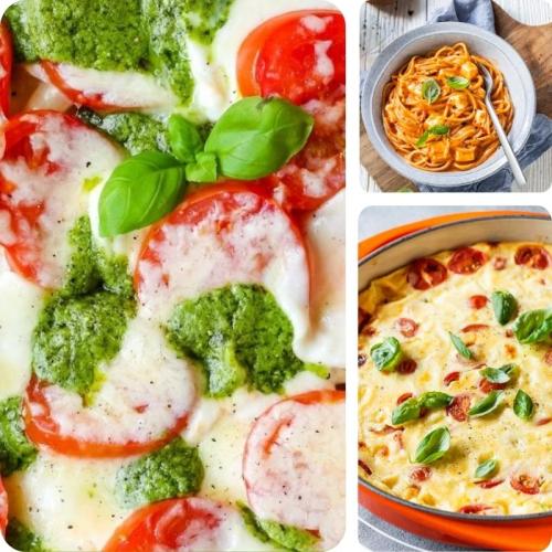 Tomate Mozzarella überbacken als Auflauf, mit Pasta und im Omelett.