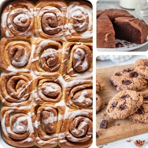 Vegane Zimtschnecken, veganer Schokokuchen und vegane Chocolate Chip Cookies
