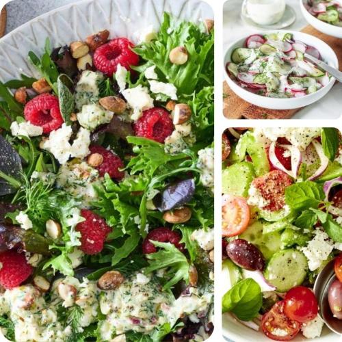 Abbilungen: Fruchtiger Sommersalat mit Feta, Gurken-Radieschen-Salat mit Joghurt-Dressing, Griechischer Salat mit Wassermelone